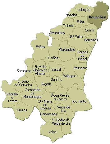 Mapa do concelho de Valpaços; Bouçoães situa-se no extremo norte do concelho.